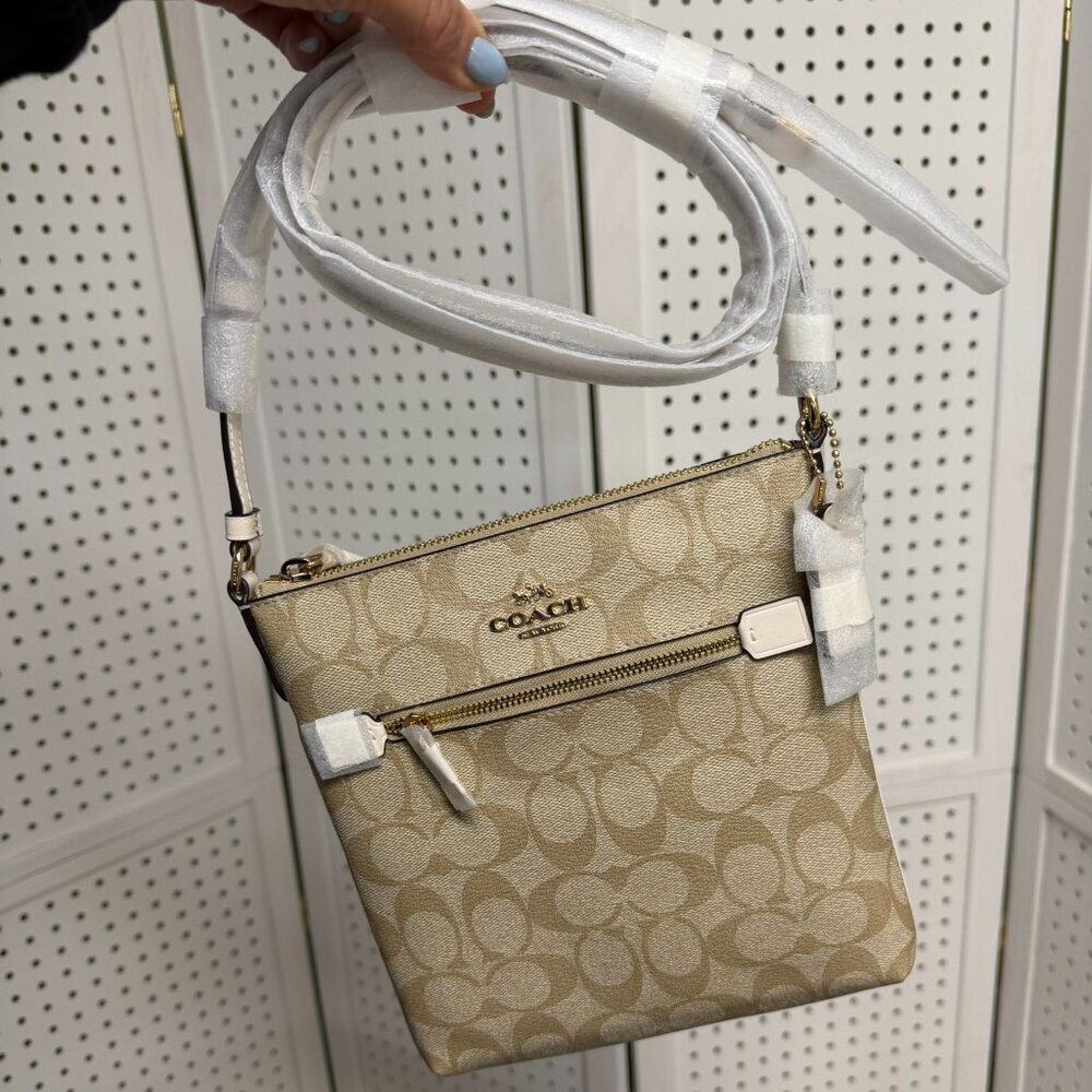 Coach Mini Rowan File Bag Signature Canvas Crossbody Everyday White Gold NWT